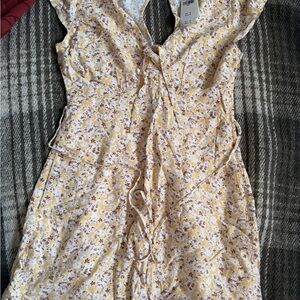 Abercrombie & Fitch Yellow and Brown Floral Tie-Front Mini Dress